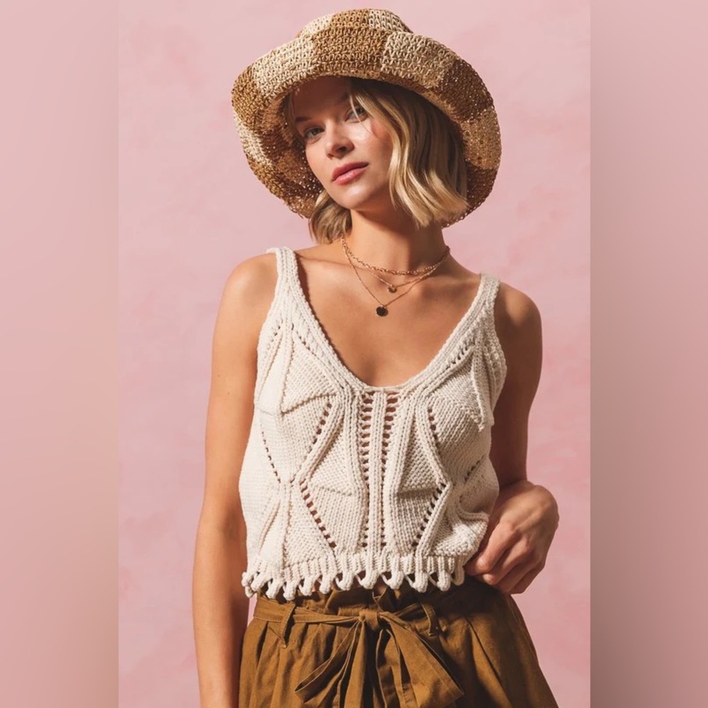 Zara Knit Cream Sweater Crochet Crop Tank Indie Boho Hippie Festival Cowgirl Top